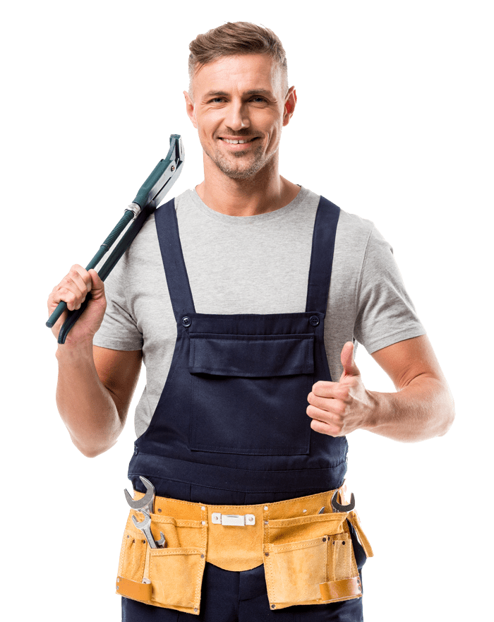 Handsome plumber wearing overalls and smiling with thumbs up and holding wrench tool over shoulder - contact us